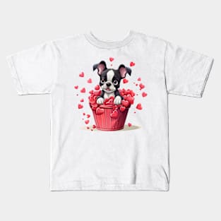 Cartoon Boston Terrier Dog in Hearts Basket Kids T-Shirt